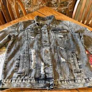 SHEIN Black and Gray Distressed Denim Jacket